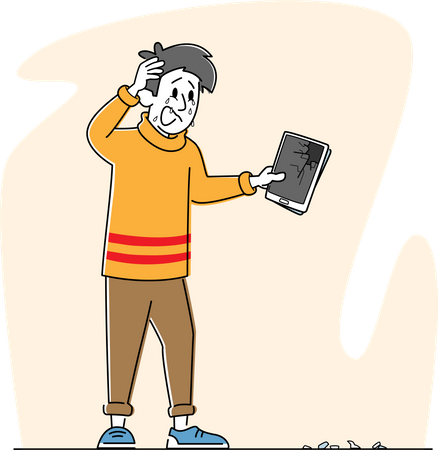 Upset Male Holding Broken Tablet with Splinters on Ground  Illustration