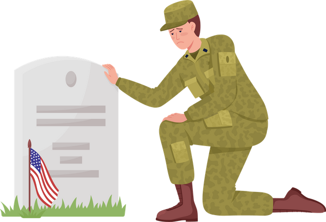 Upset man on grave of friend  Illustration
