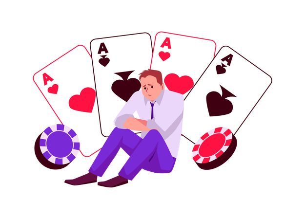 Upset man sitting among aces of different suits  Illustration