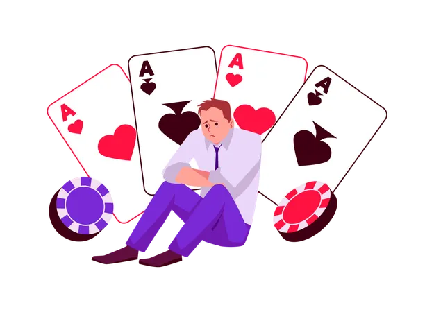 Upset man sitting among aces of different suits  Illustration