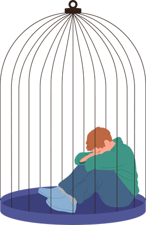 Upset man sitting in cage crying hiding face with tears  Illustration