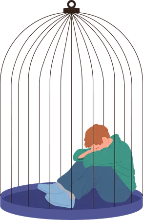 Upset Young Man Cartoon Character Sitting In Cage Crying Hiding Face With Tears Isolated On White Background Depressed Male Person Inside Birdcage Feeling Unhappy And Despair Vector Illustration Illustration