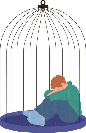 Upset man sitting in cage crying hiding face with tears  Illustration