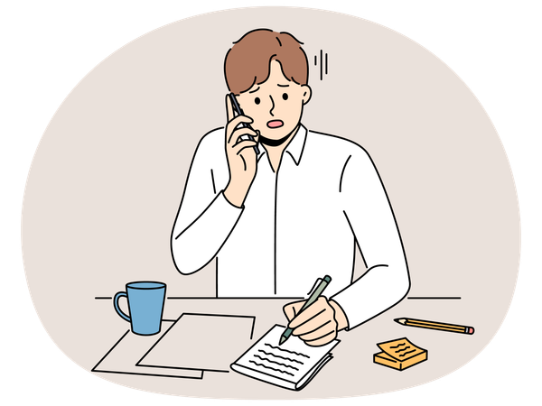 Upset man talk on phone making notes  Illustration