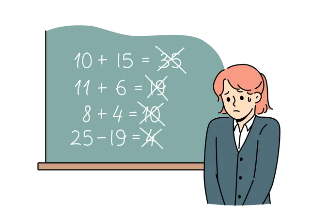 Upset schoolgirl stands near blackboard and sad because of mistakes in solving mathematical examples  Illustration