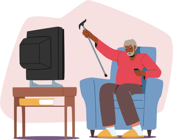 Upset Senior Man Watching Tv Waving Cane Illustration