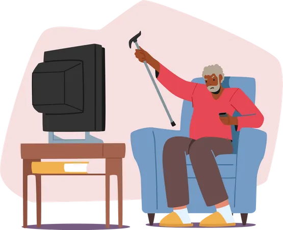 Upset Senior Man Watching Tv Waving Cane  Illustration