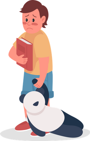 Upset Small Boy Holding Teddy Bear and Book on Hand Illustration