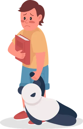 Upset Small Boy Holding Teddy Bear and Book on Hand  Illustration