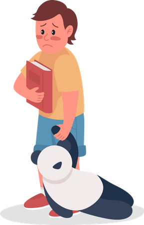 Upset Small Boy Holding Teddy Bear and Book on Hand  Illustration