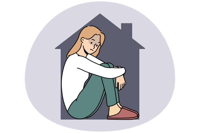 Upset stressed female suffer from self-isolation at home  Illustration