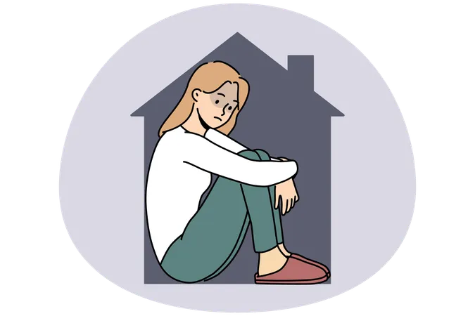 Upset stressed female suffer from self-isolation at home  Illustration