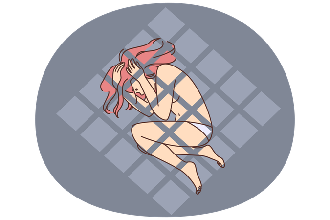 Upset stressed girl locked in cage struggle with violence  Illustration