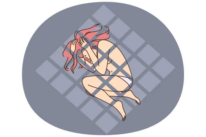 Upset stressed girl locked in cage struggle with violence  Illustration