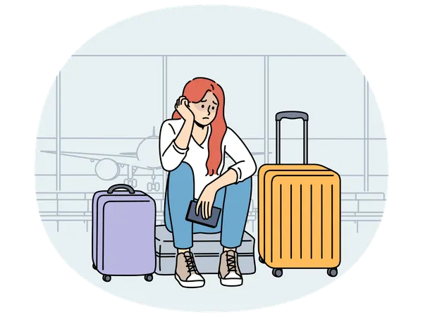 Upset woman airport passenger sits near luggage and waits for plane that is late due to bad weather  Illustration