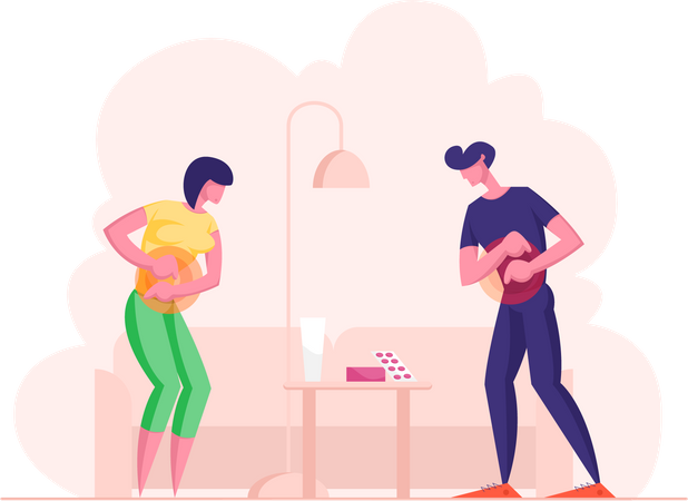 Upset Woman and Man Feeling Abdominal Pain  イラスト