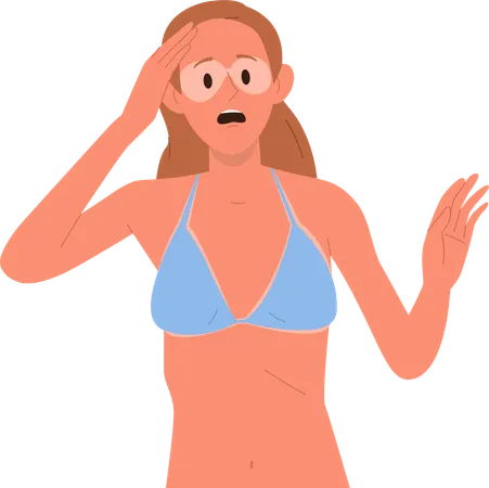 Upset woman character terrified of sunburns on face in shape of sunglasses  Illustration