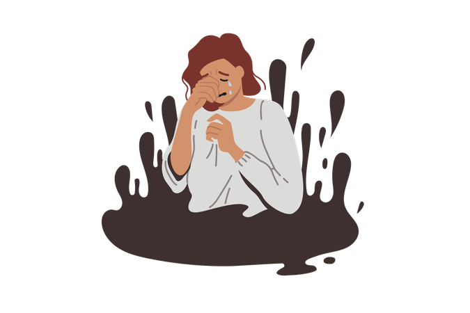 Upset woman cries and wipes tears with hand  Illustration