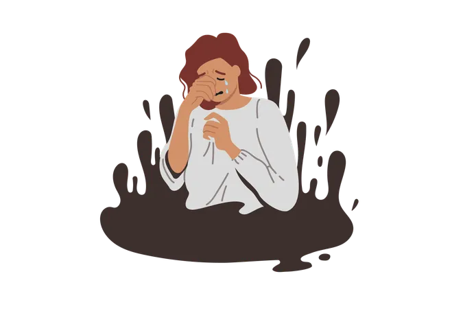 Upset woman cries and wipes tears with hand  Illustration