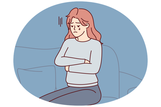 Upset woman crying sitting on couch with arms crossed because breakup with boyfriend  Illustration