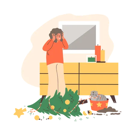 Upset woman looking at naughty cat and knocked over Christmas tree Illustration