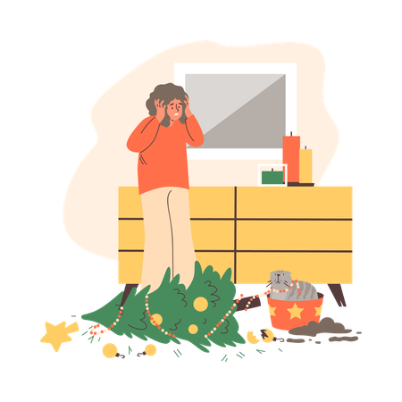 Upset woman looking at naughty cat and knocked over Christmas tree  Illustration