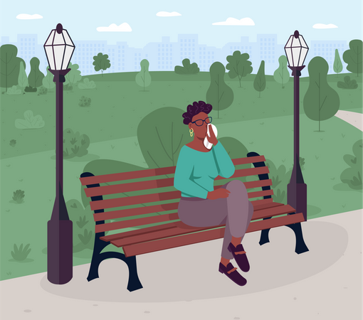 Upset woman sitting on bench in park Illustration