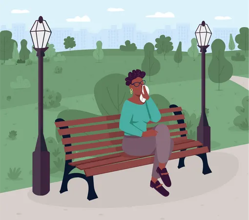 Upset woman sitting on bench in park  Illustration