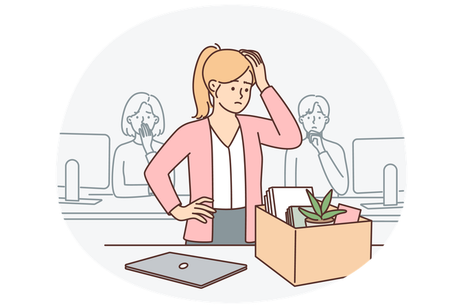 Upset woman standing near table with box after dmissal of manager or secretary position  Illustration
