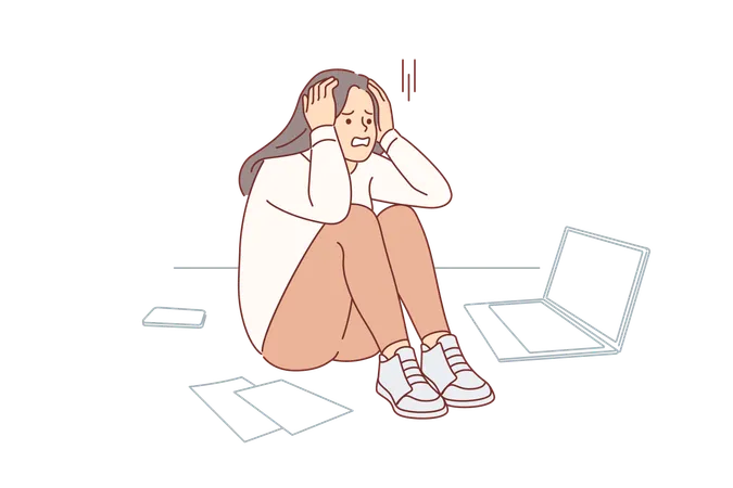 Upset Cold Woman Suffering From Stress Or Burnout Sitting On Floor Near Papers And Laptop Problem Of Burnout In Freelancer Girl Who Suffered Due To Overload And Mental Pressure From Manager Illustration
