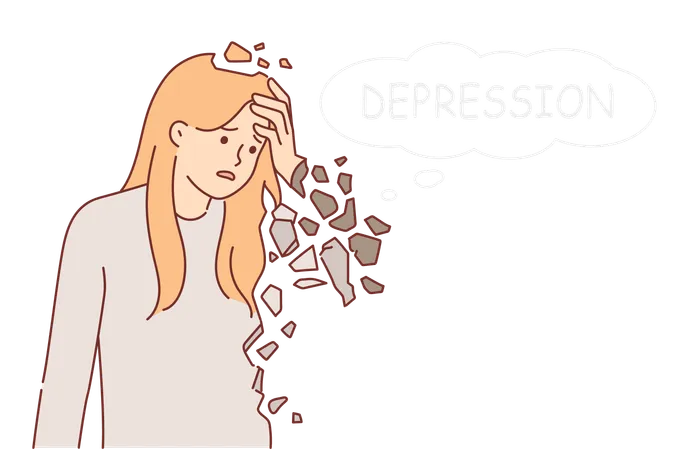 Upset Woman Suffers From Depression And Personality Destruction Due To Psychological Problems Or Prolonged Stress Word Depression Near Girl In Need Of Help From Psychologist And Antidepressants Illustration
