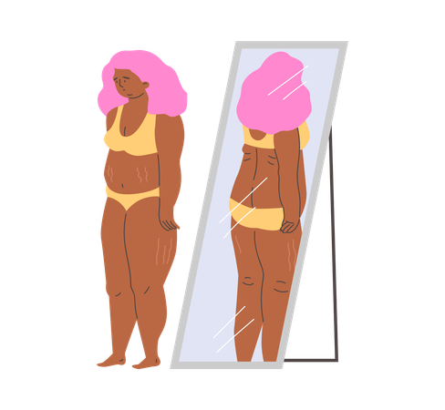 Upset woman turns away from reflection in mirror  Illustration