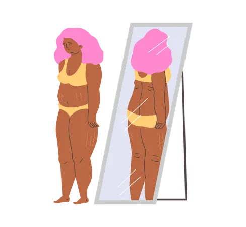 Upset woman turns away from reflection in mirror  Illustration
