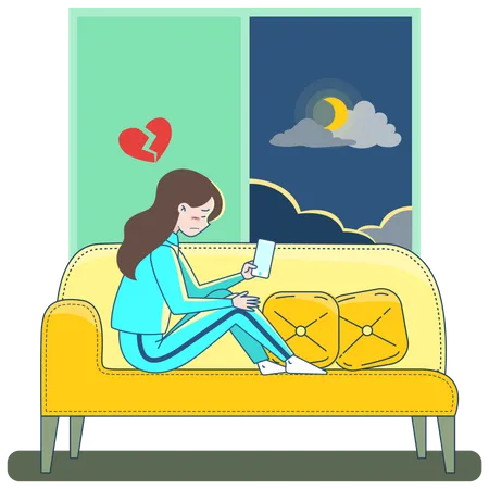 Upset woman with broken heart holding smartphone  Illustration