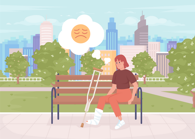 Upset woman with broken leg in park Illustration