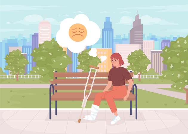 Upset woman with broken leg in park  Illustration