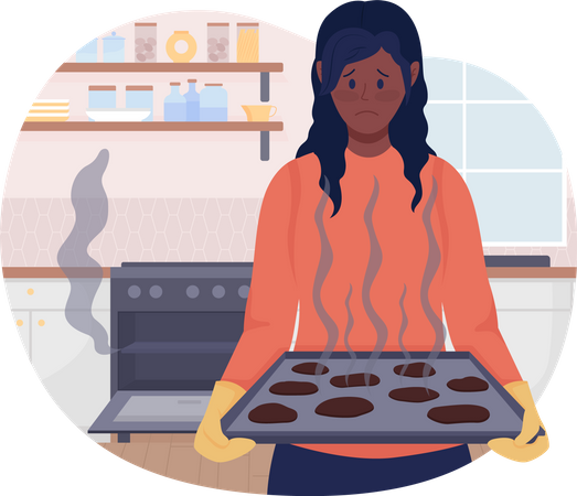 Upset woman with failed baked food Illustration