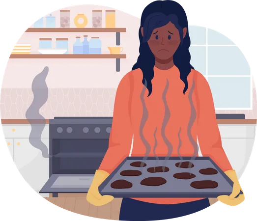 Upset woman with failed baked food Illustration