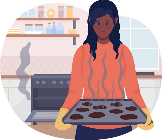 Upset woman with failed baked food  Illustration