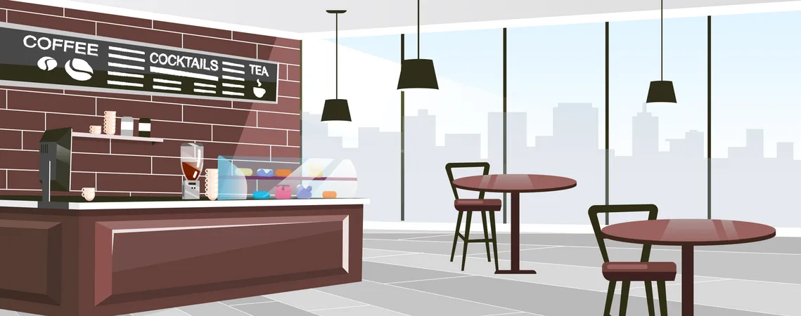 Urban Cafe Space Flat Vector Illustration Panoramic Windows Of Modern Coffee Shop Cartoon Wooden Counter Glass Showcase With Desserts Trendy Chalkboard Menu With Coffee Tea Cocktails List 일러스트레이션