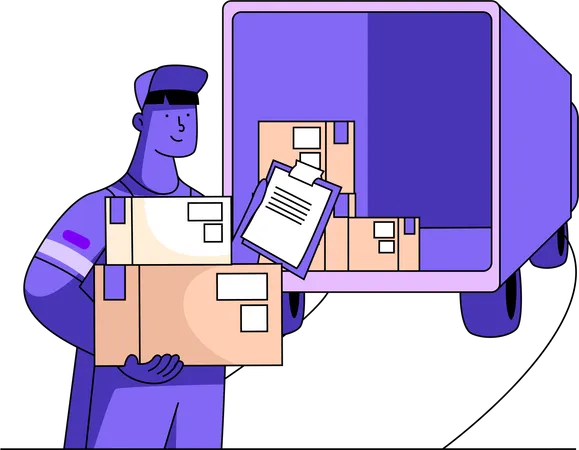 Illustration Of A Delivery Man In A Purple Uniform Carrying Parcels Near A Delivery Van Emphasizing Urban Logistics Illustration