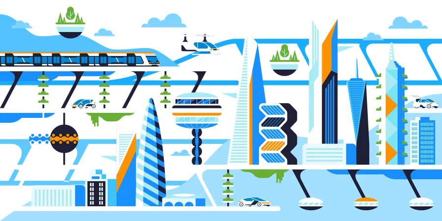 Eco Friendly City Flat Vector Illustration Future Downtown Sustainable Metropolis Infrastructure Innovation Ecologically Safe Technology Cartoon Concept Futuristic Architecture And Transport Illustration