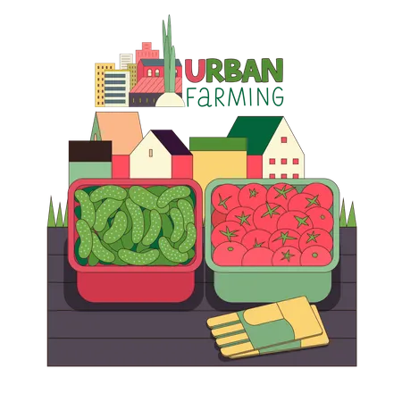Urban Farming Gardening Or Agriculture Harvest Two Containers Filled With Cucumbers And Tomatos Standing On The Deck And Gauntlets With Town Houses On The Background Farming Logo Illustration