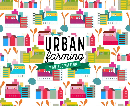 Urban Farming Gardening Or Agriculture Seamless Pattern Of Houses And Sprouts イラスト