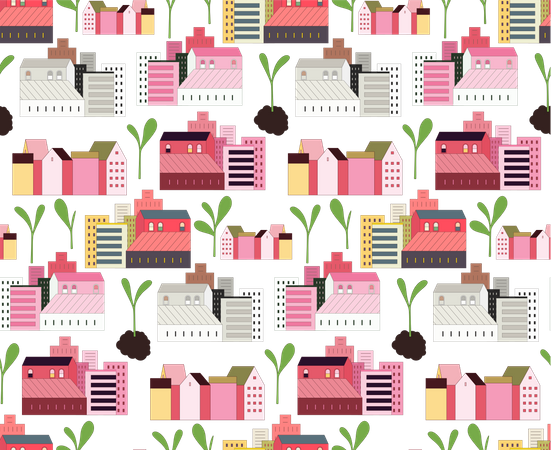 Urban farming and gardening - houses and sprouts pattern Illustration