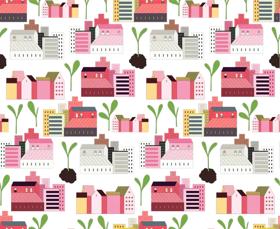 Urban Farming Gardening Or Agriculture Seamless Pattern Of Houses And Sprouts Illustration