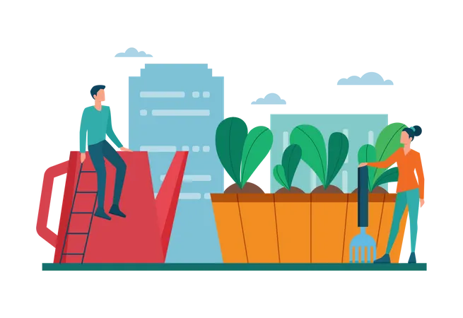 Urban Farming Or Gardening Concept City Agriculture People Planting And Watering The Sprout On The Roof Or Balcony Natural Organic Food Isolated Vector Illustration Illustration