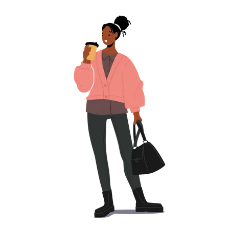Stylish African Girl With Coffee And Hand Bag Wearing Trendy Outfit For Fall Season Autumn Fashion Trends For Women Knit Pink Blouse With Wide Sleeves And Tight Pants Cartoon Vector Illustration Illustration