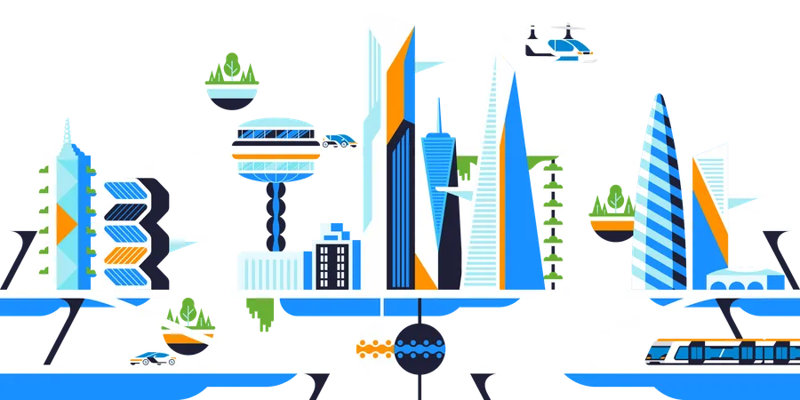 Future City Panorama Flat Vector Illustration Sustainable Metropolis Futuristic Urban Architecture And Eco Friendly Vehicles High Tech Transportation Electric Car Flying Drone And Speed Train Illustration
