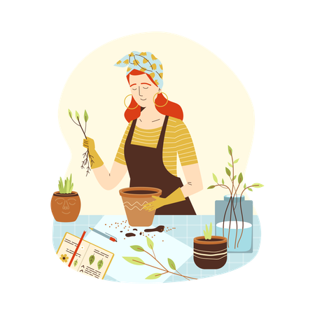 Urban jungle  with woman planting houseplants  Illustration